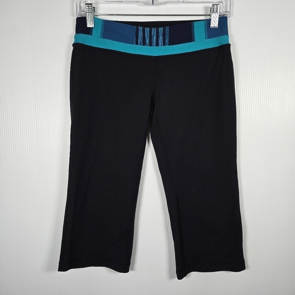 Lululemon Womens Black Cropped Wider Leg Yoga Pants Colorful Waistband Size 6